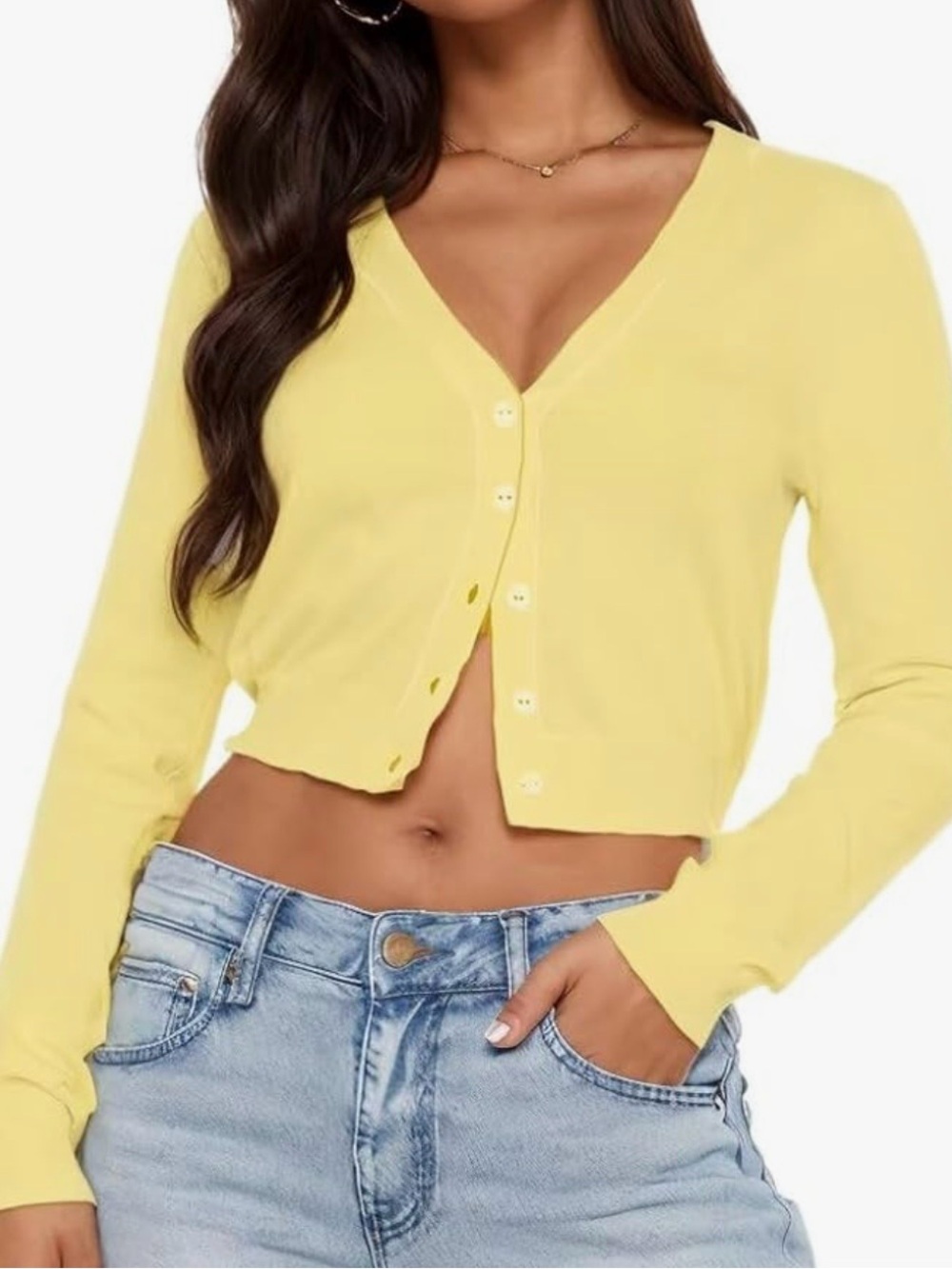 Cropped Yellow V-Neck Button Cardigan